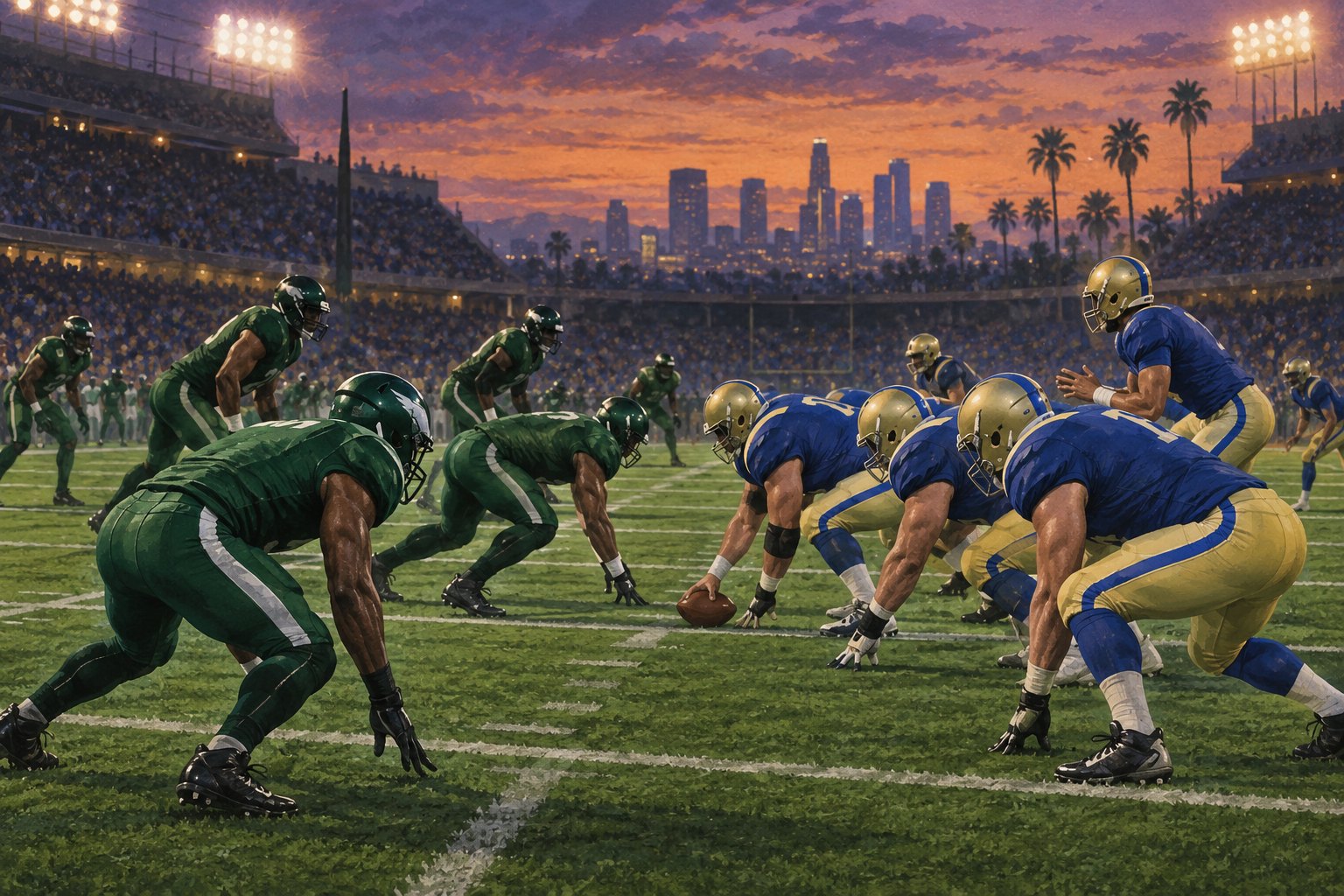 Editorial illustration of green-uniformed defenders facing a blue-and-gold offense before the snap on a football field.