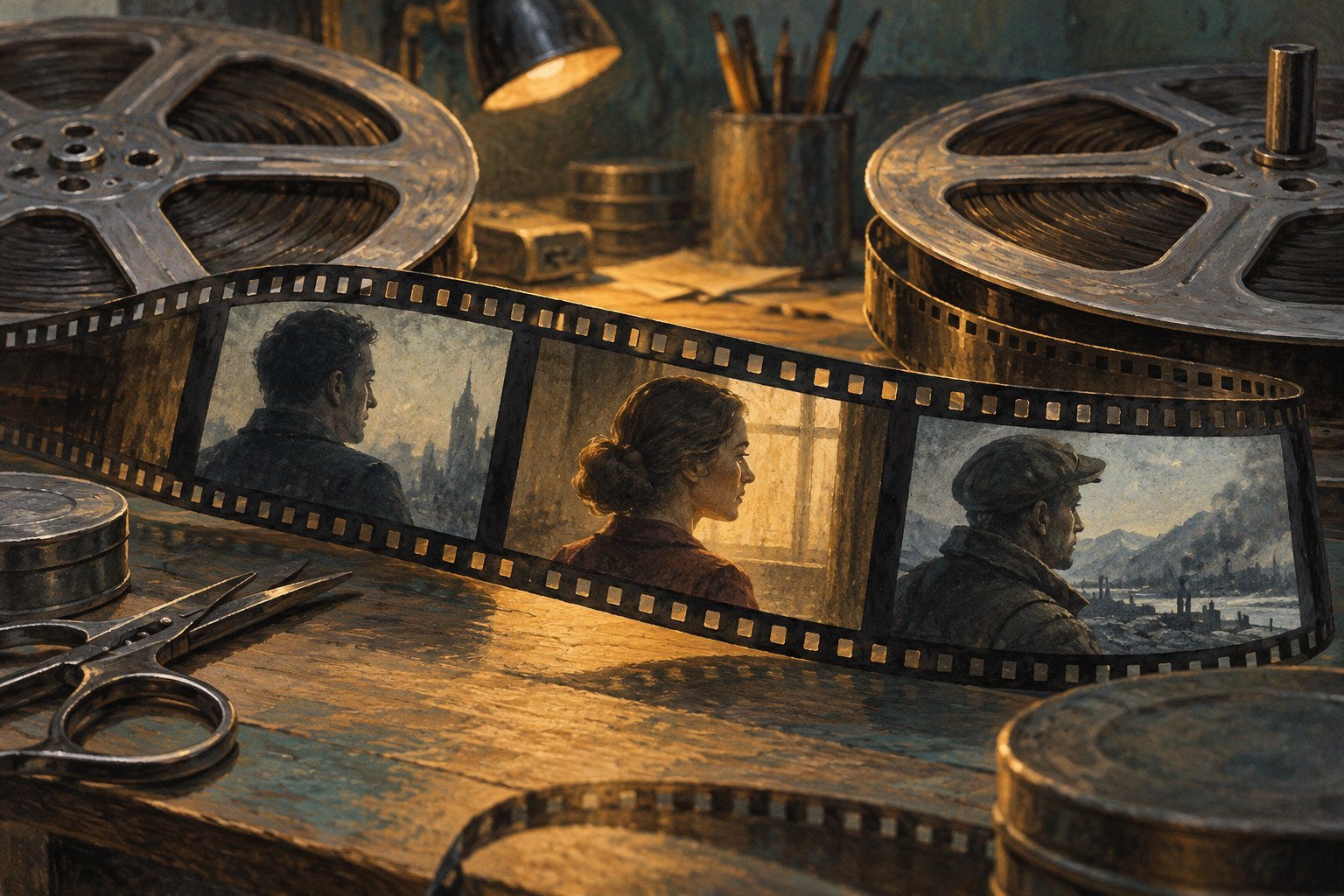 Conceptual illustration of film reels and a curling filmstrip containing anonymous human profiles on an editing bench.