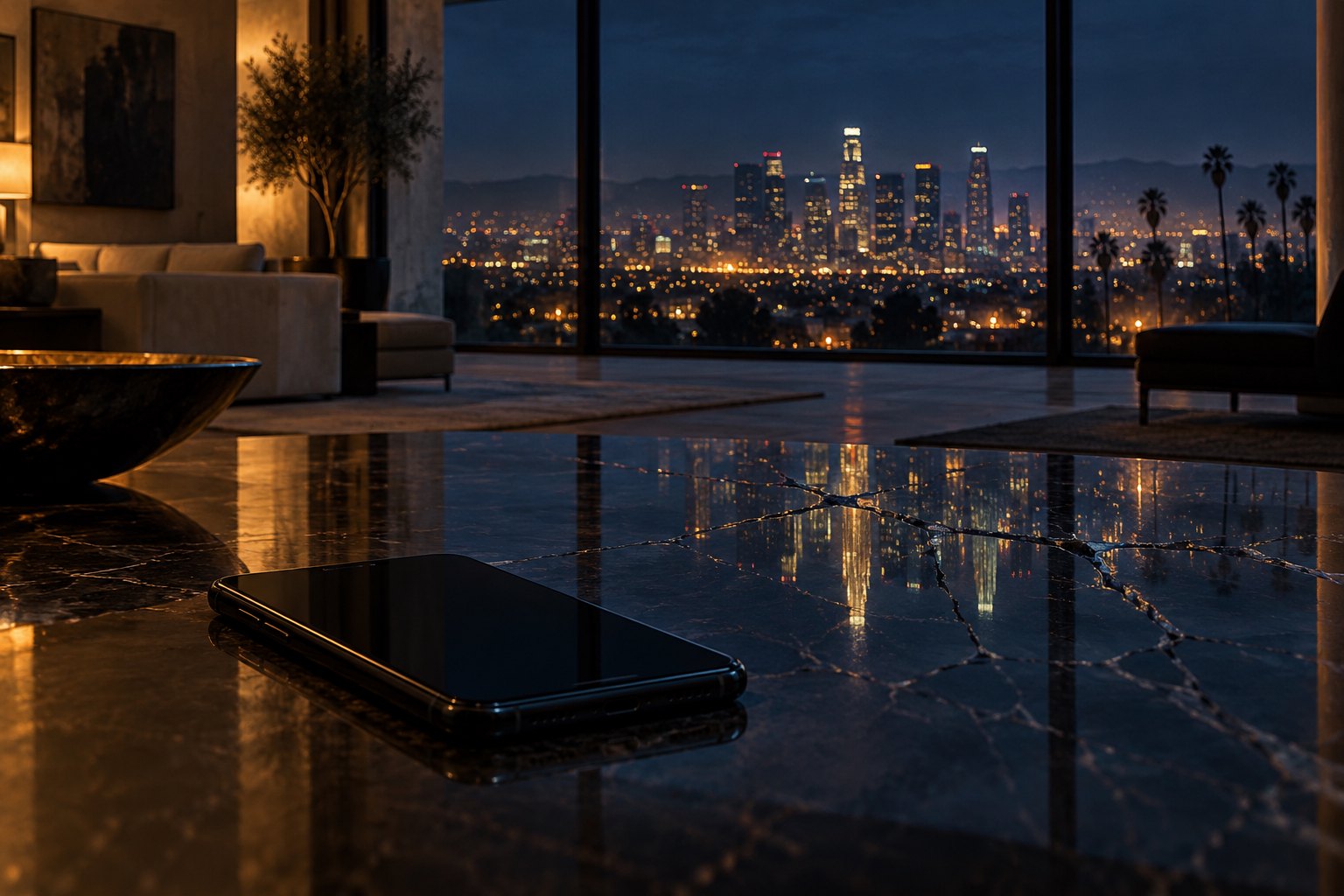 Symbolic illustration of a smartphone on a polished table overlooking Los Angeles at night.