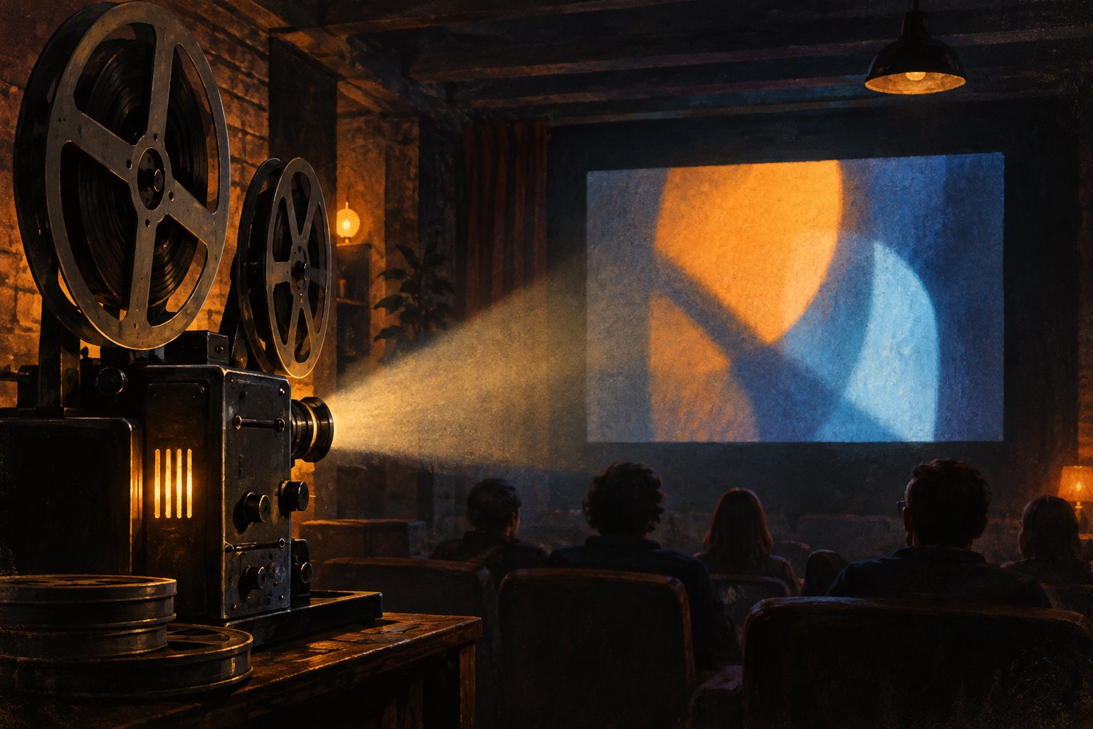 Conceptual illustration of a film projector illuminating abstract colors on a screen before a small seated audience.