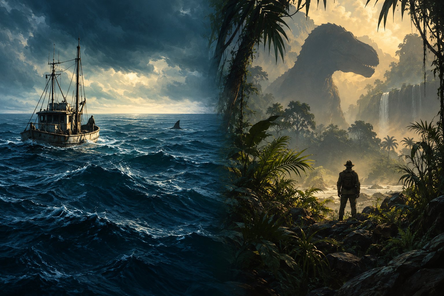 Conceptual illustration pairing a fishing boat near a shark fin with a lone explorer facing a towering dinosaur in a misty jungle.