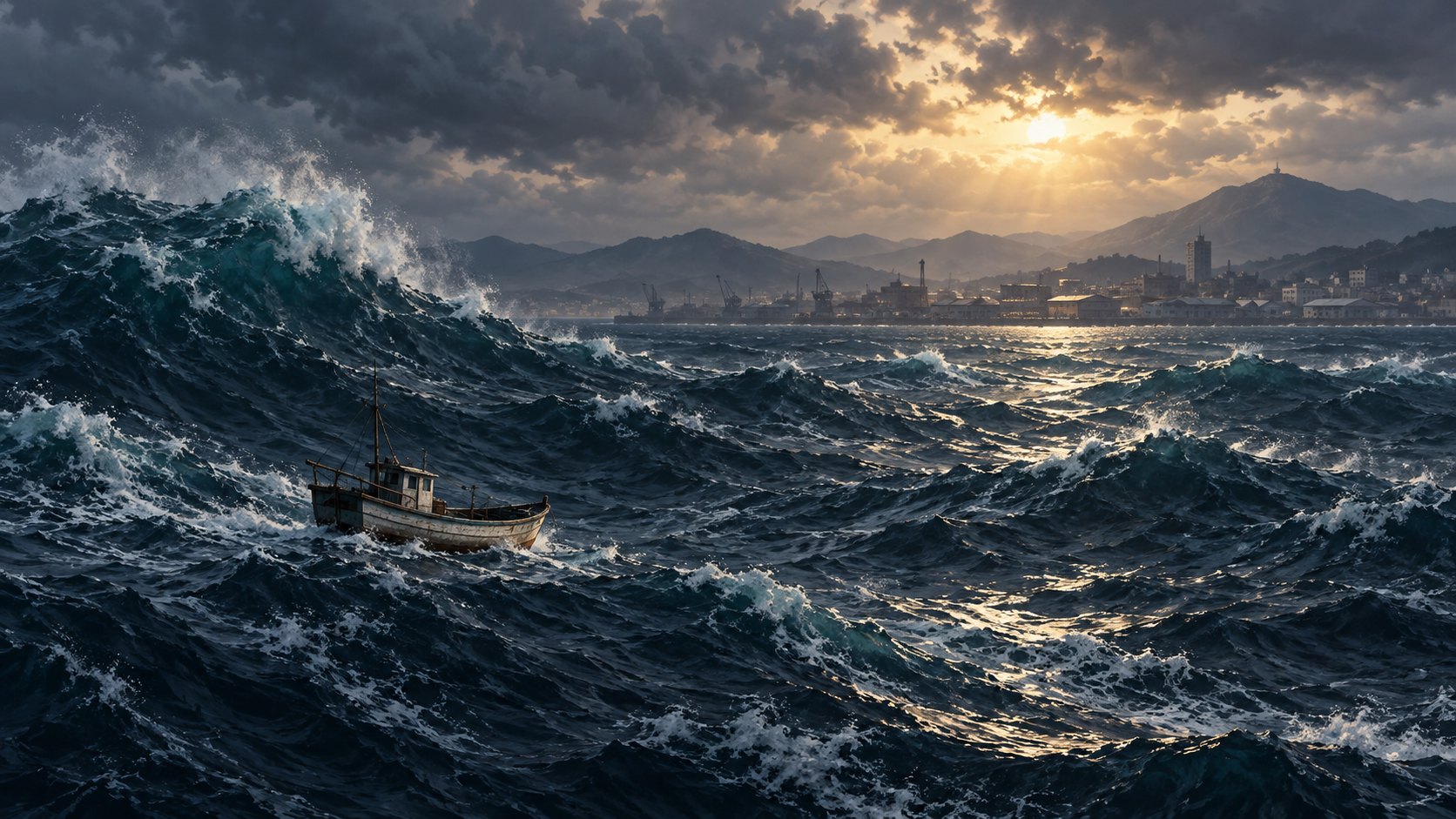 陰雲下的小木船迎向巨大海浪,遠方海港透出微光,象徵災難中的渺小與求生意志