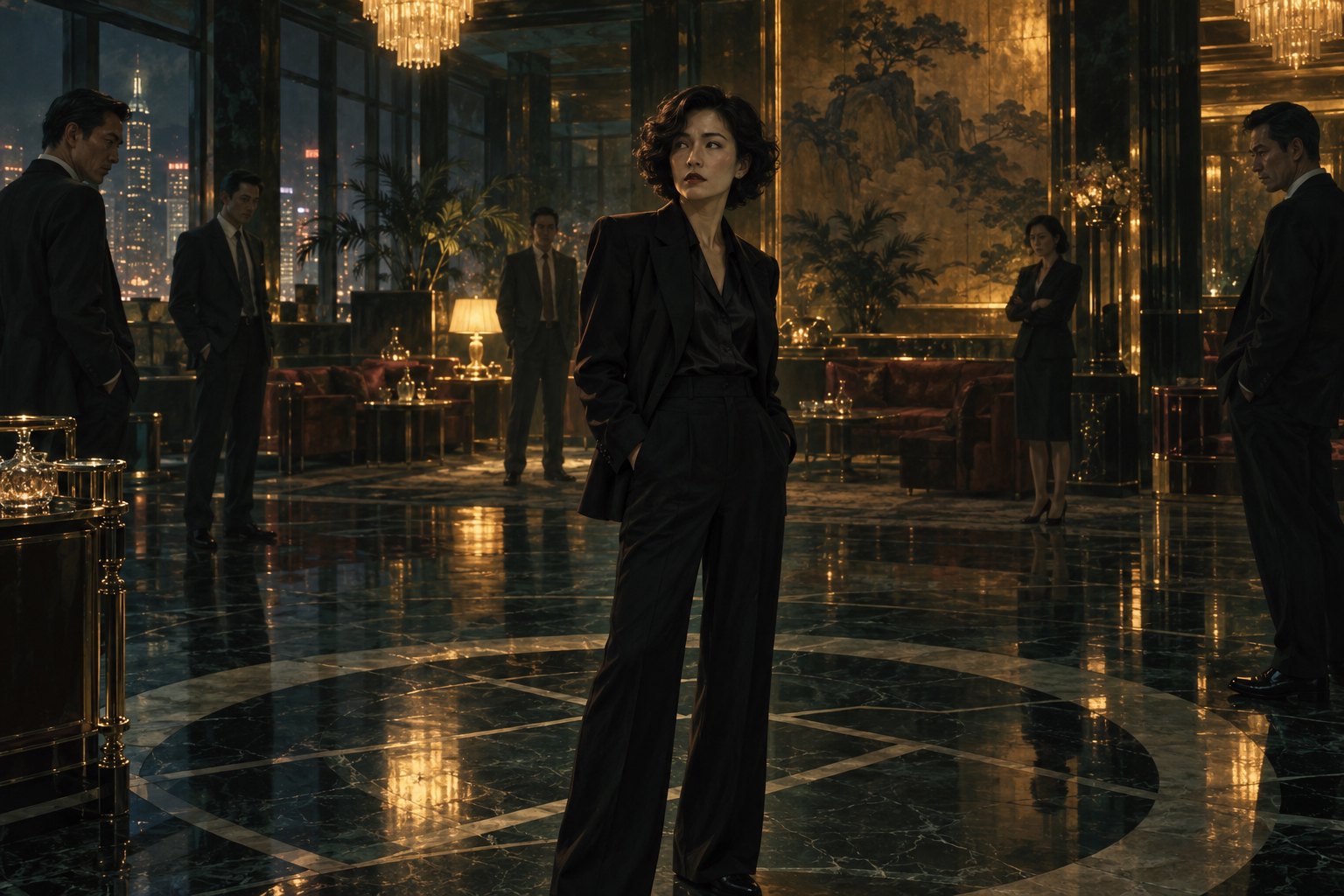 主题插画:黑衣女性站在昏暗会所中央,数名人物在远处围成半圆
