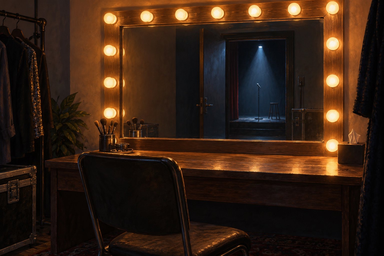 Conceptual illustration of an empty dressing room with a lighted mirror reflecting a distant microphone onstage.