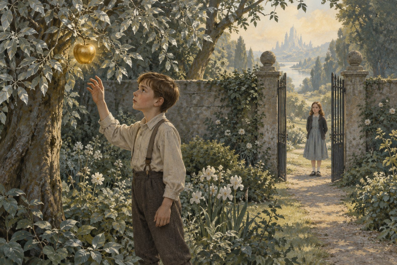 A boy reaches toward a golden apple while a girl waits near a garden gate in a book-inspired illustration.