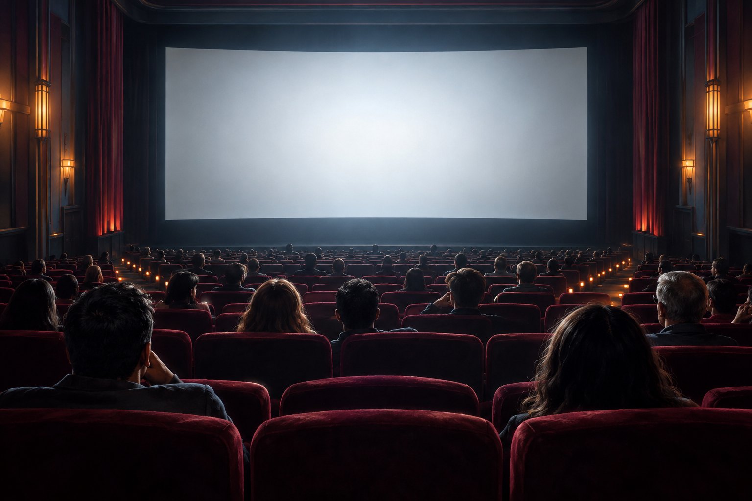 Moviegoers sit in burgundy theater seats facing a glowing blank screen in a cinematic editorial illustration.