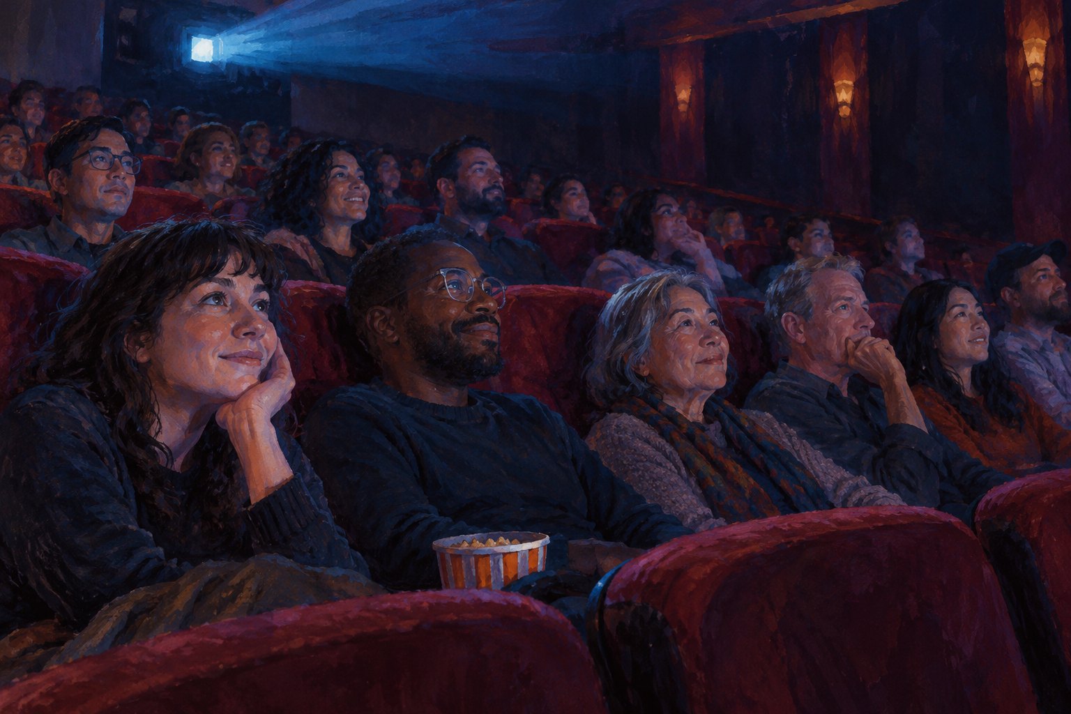 Conceptual illustration of a multigenerational cinema audience watching an unseen screen in blue projector light.