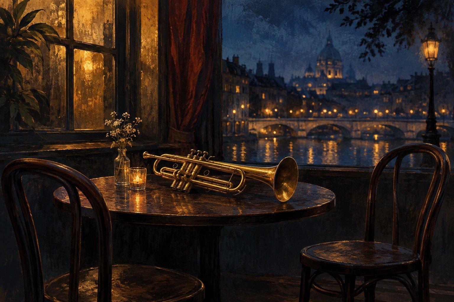 Editorial illustration of a brass trumpet on a wooden table beside two empty cafe chairs in warm window light.