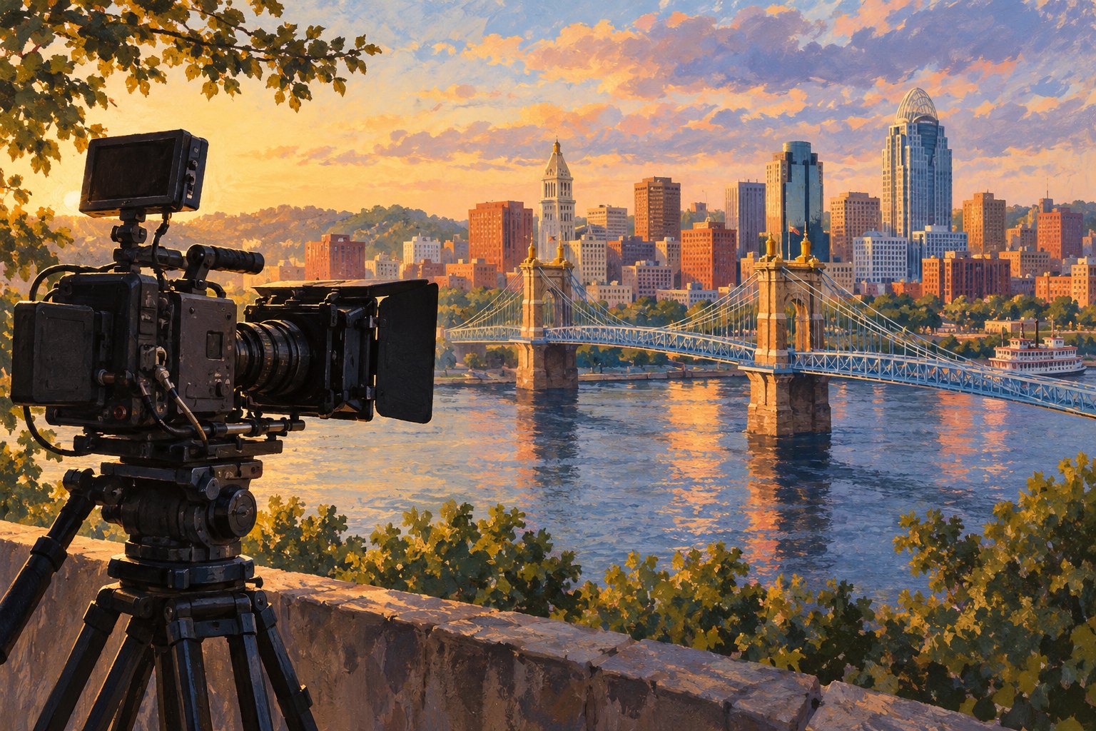 Conceptual illustration of a film camera overlooking Cincinnati’s riverfront, suspension bridge, and skyline at sunset.