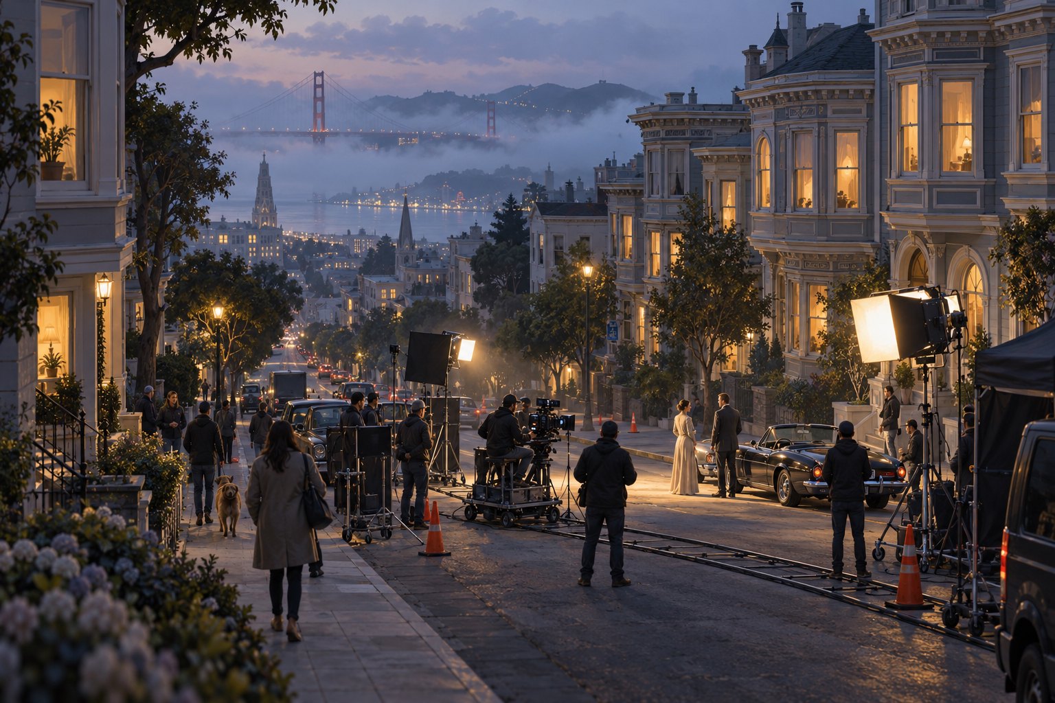 Conceptual illustration of a cinema camera framing a pedestrian on a San Francisco stairway, with neighborhood life outside the frame.