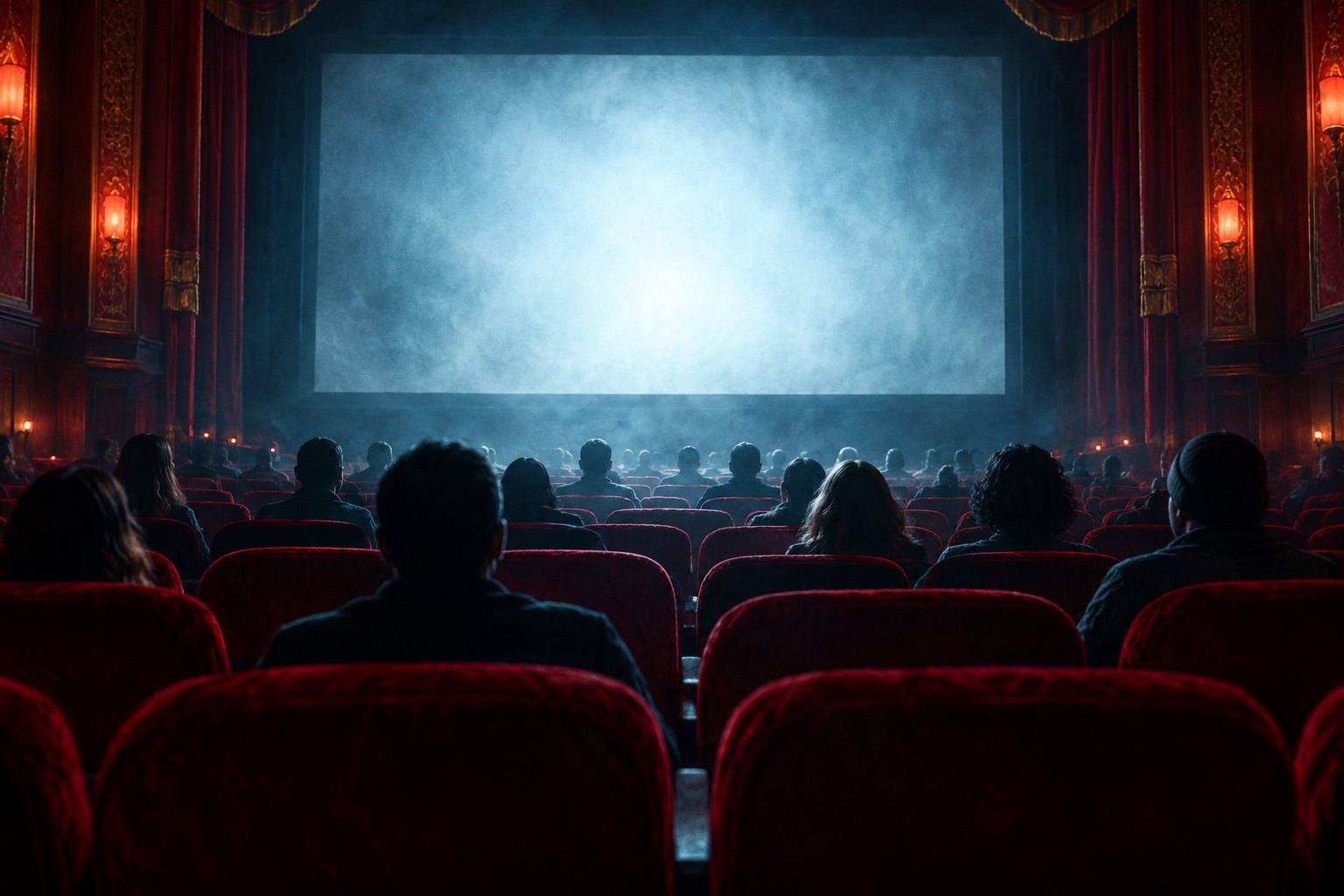 Illustration of moviegoers seated in a red theater facing a blank screen glowing with blue light.