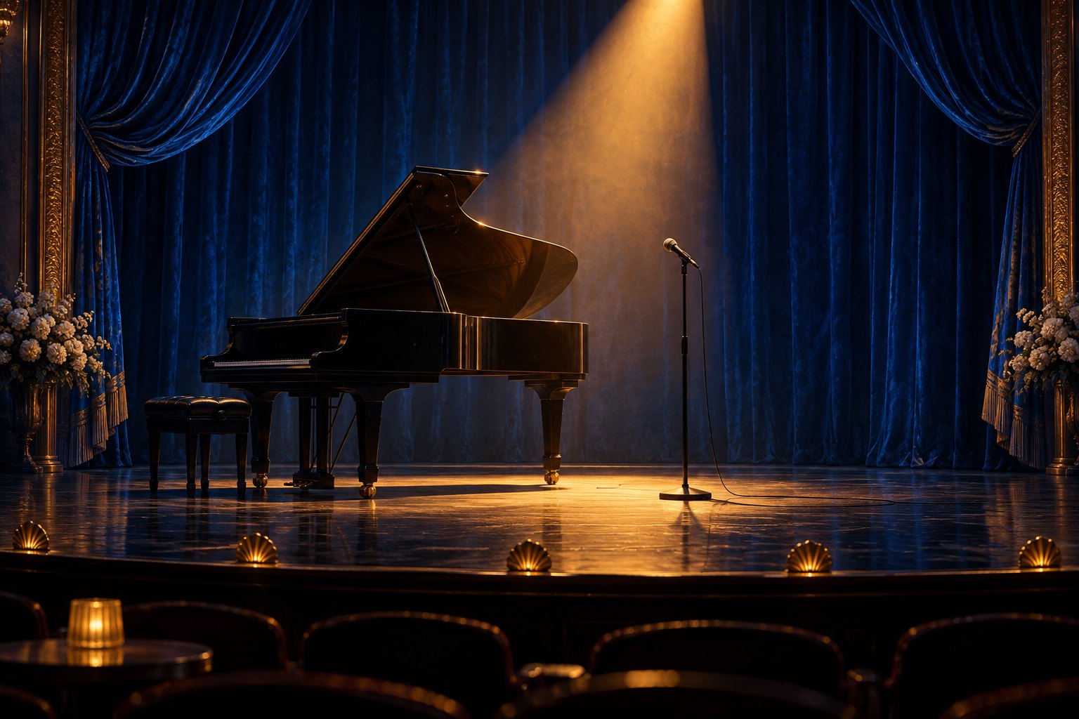Editorial illustration of an empty grand piano and microphone stand under a warm spotlight on a blue-curtained stage.