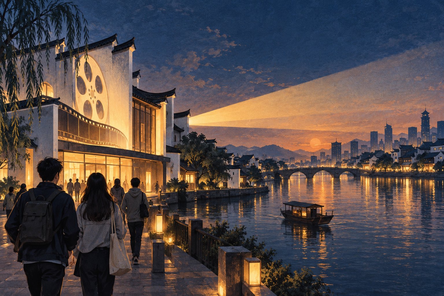 青年观众走向江南滨水影院,放映光束映向城市天际线的概念插画