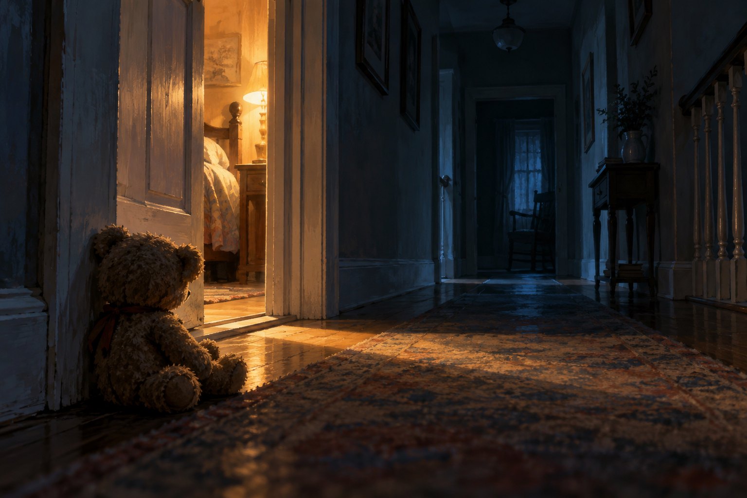 A teddy bear rests beside a warmly lit bedroom doorway overlooking a dark hallway in a conceptual horror illustration.