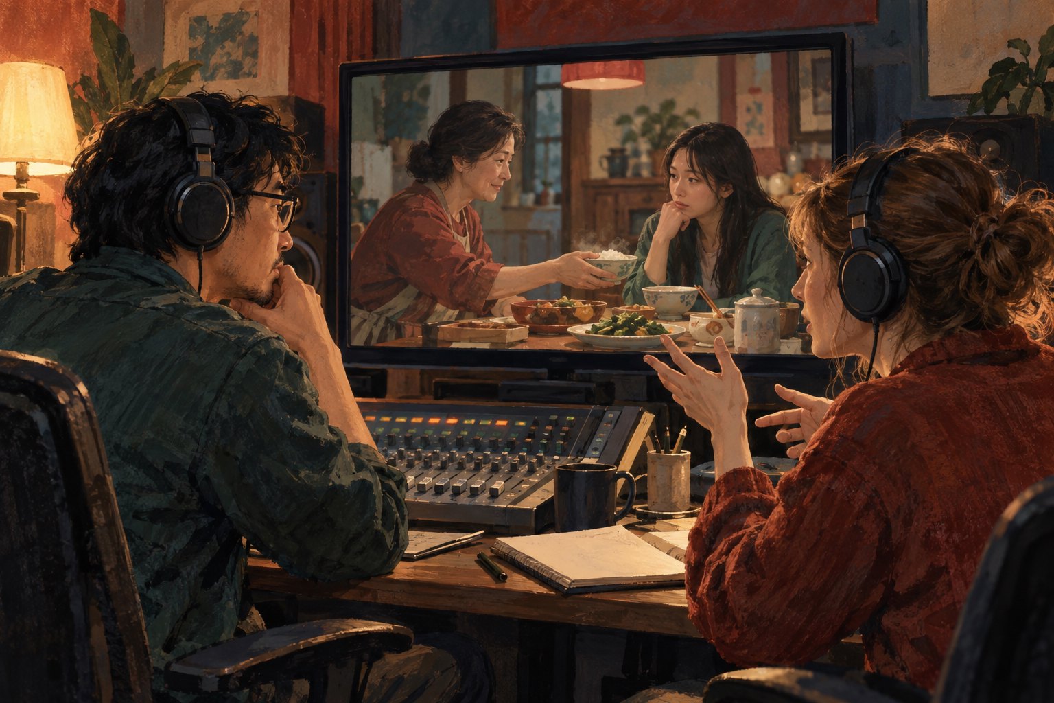 两位译制工作人员戴着耳机，讨论屏幕中母亲向女儿递饭的原创家庭场景插画