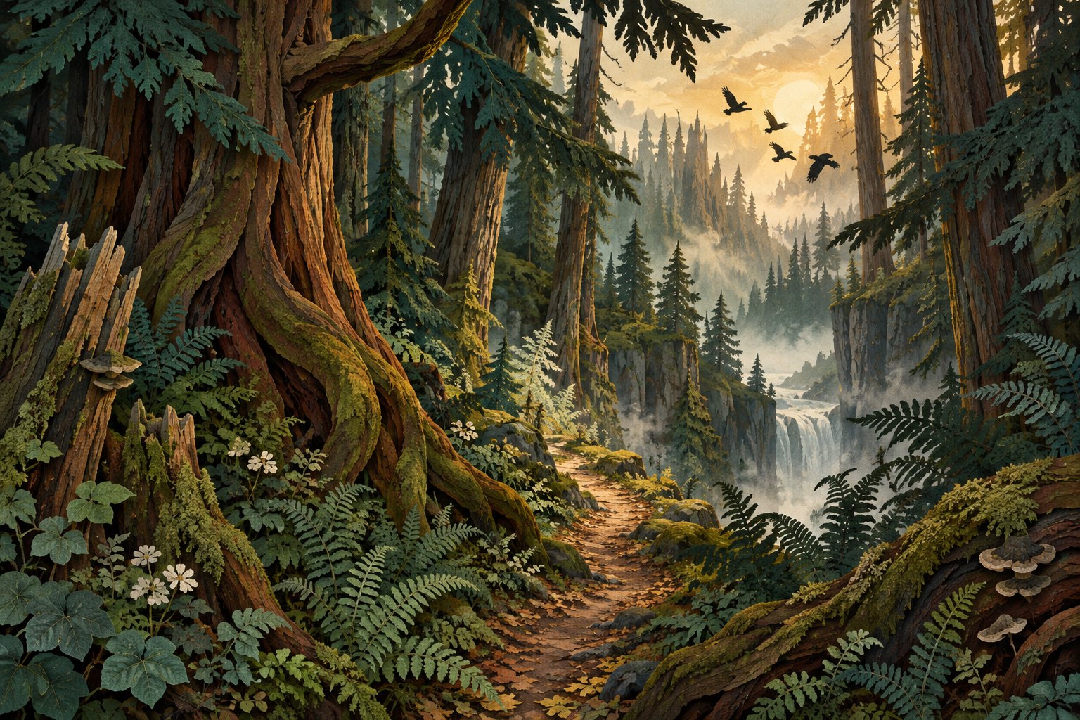 Original illustration of crows flying above a misty cedar forest, with a fern-lined path leading toward a waterfall.