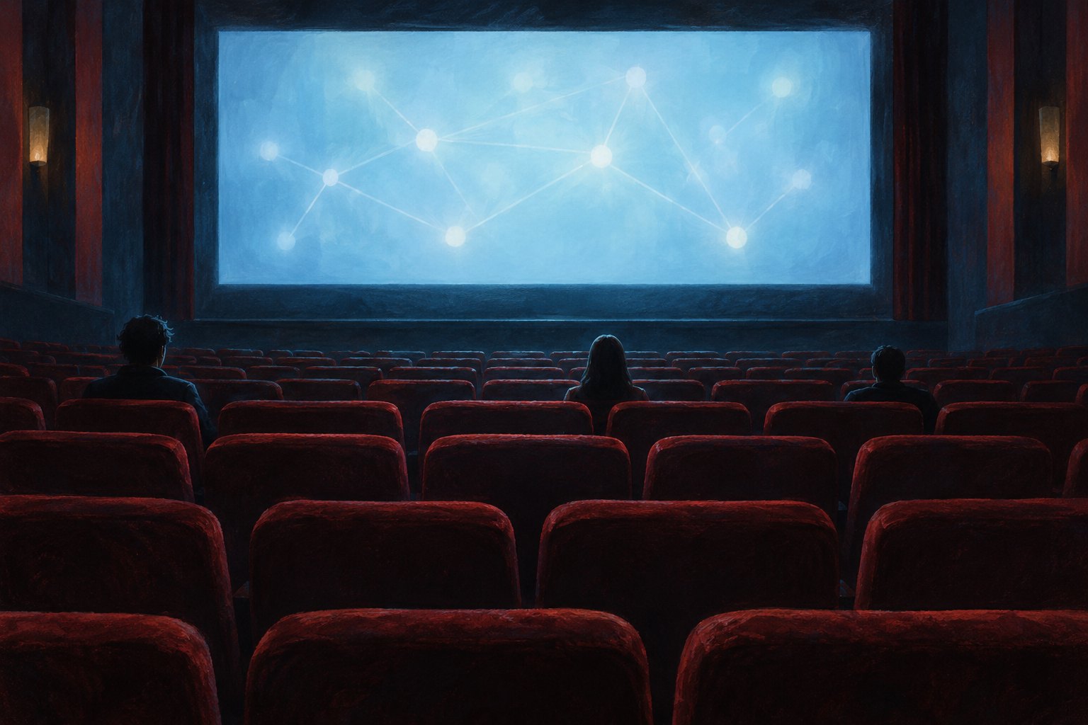 Conceptual illustration of three viewers in a nearly empty theater facing a blue screen patterned with connected points of light.