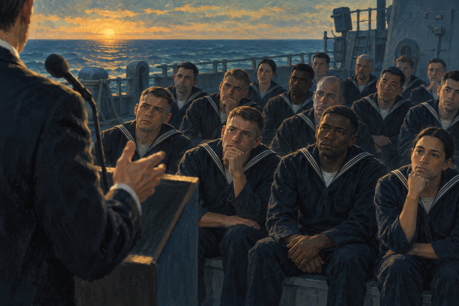 Conceptual illustration of seated sailors listening to a speaker on a naval deck at sunset.