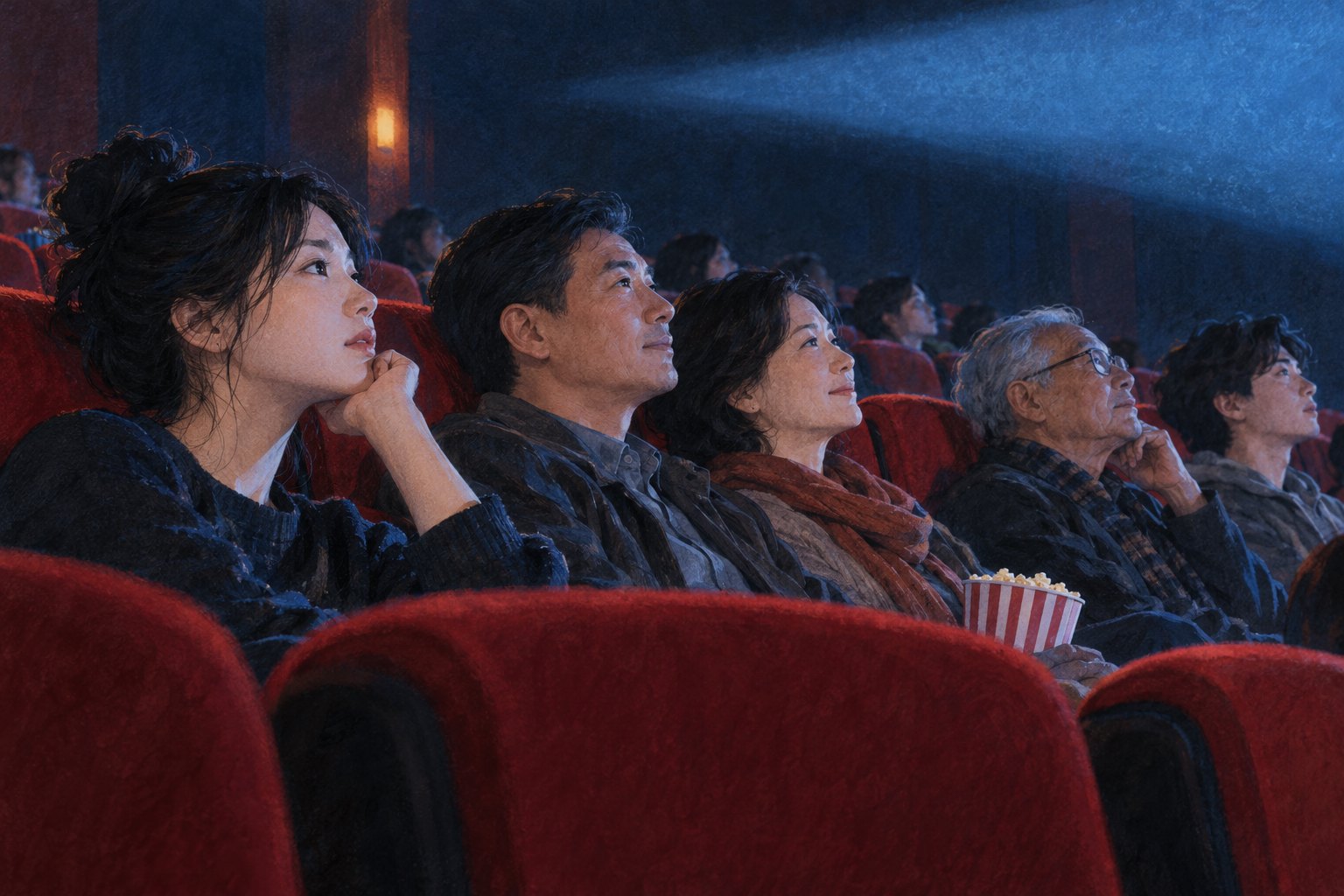 观影情境插画：不同年龄的观众坐在红色影院座椅上，面庞映着银幕蓝光