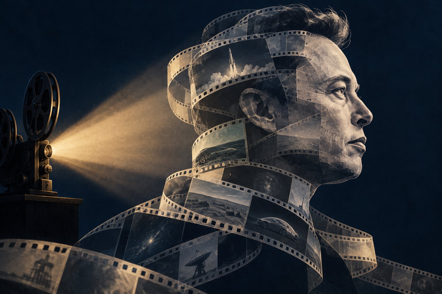 Conceptual illustration of Elon Musk’s profile wrapped in translucent film strips beside a glowing projector.