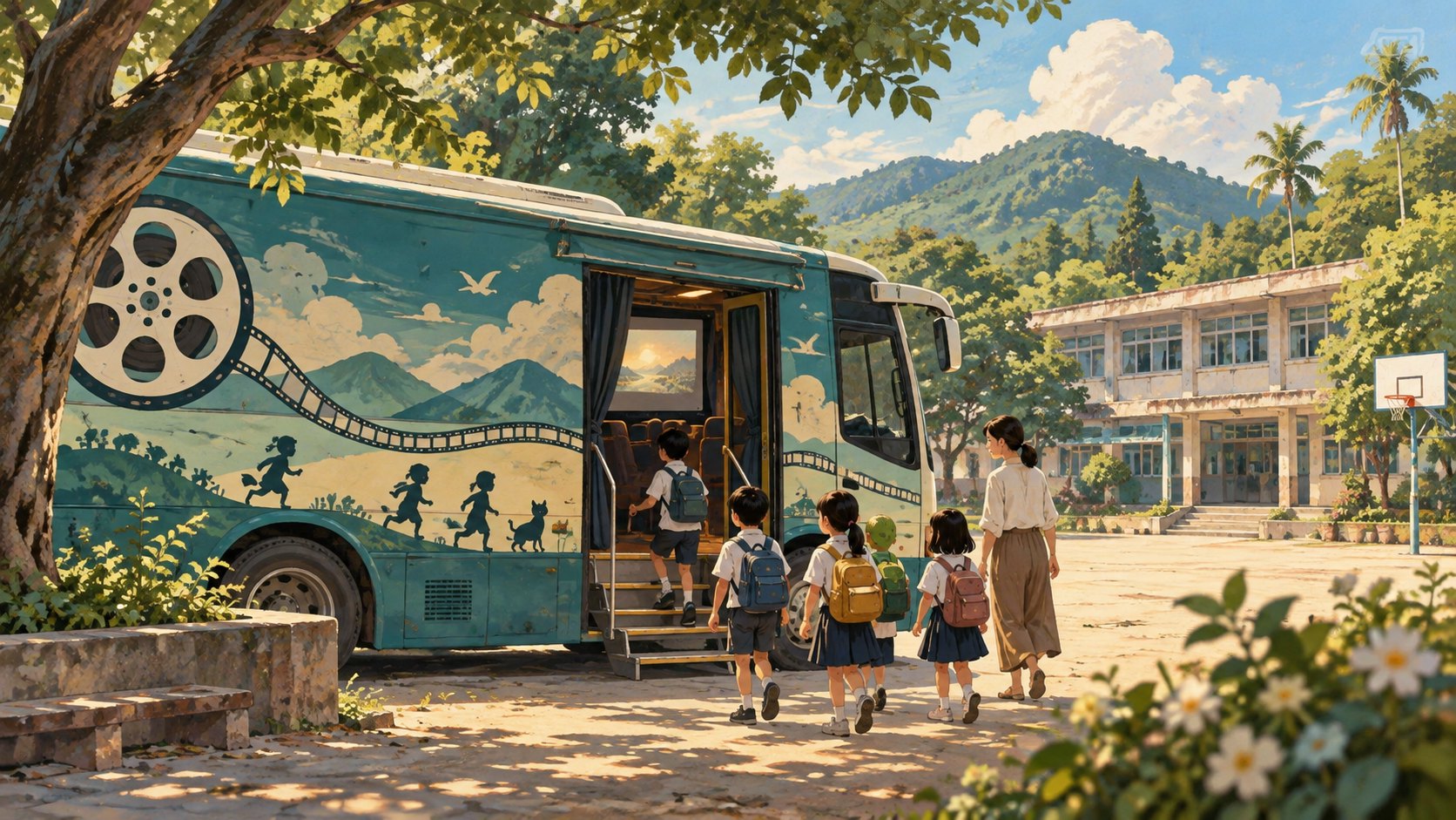校園電影車與師生走向放映入口的原創插畫，為概念示意而非活動實景