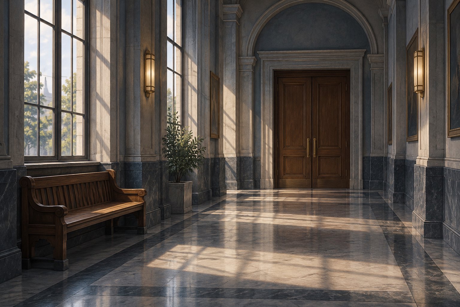 Conceptual illustration of an empty courthouse corridor with closed wooden doors and sunlight falling beside a bench.