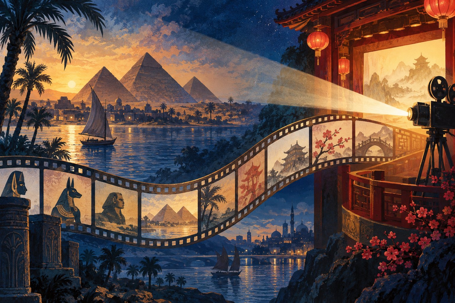 电影胶片与放映光束连接埃及地标和中国影院的概念插画
