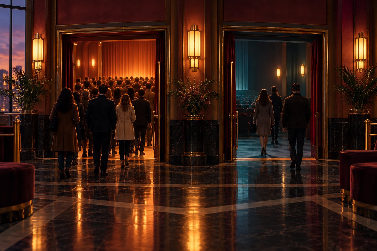 Conceptual illustration of moviegoers entering two cinema auditoriums in unequal groups beneath warm lobby lights.