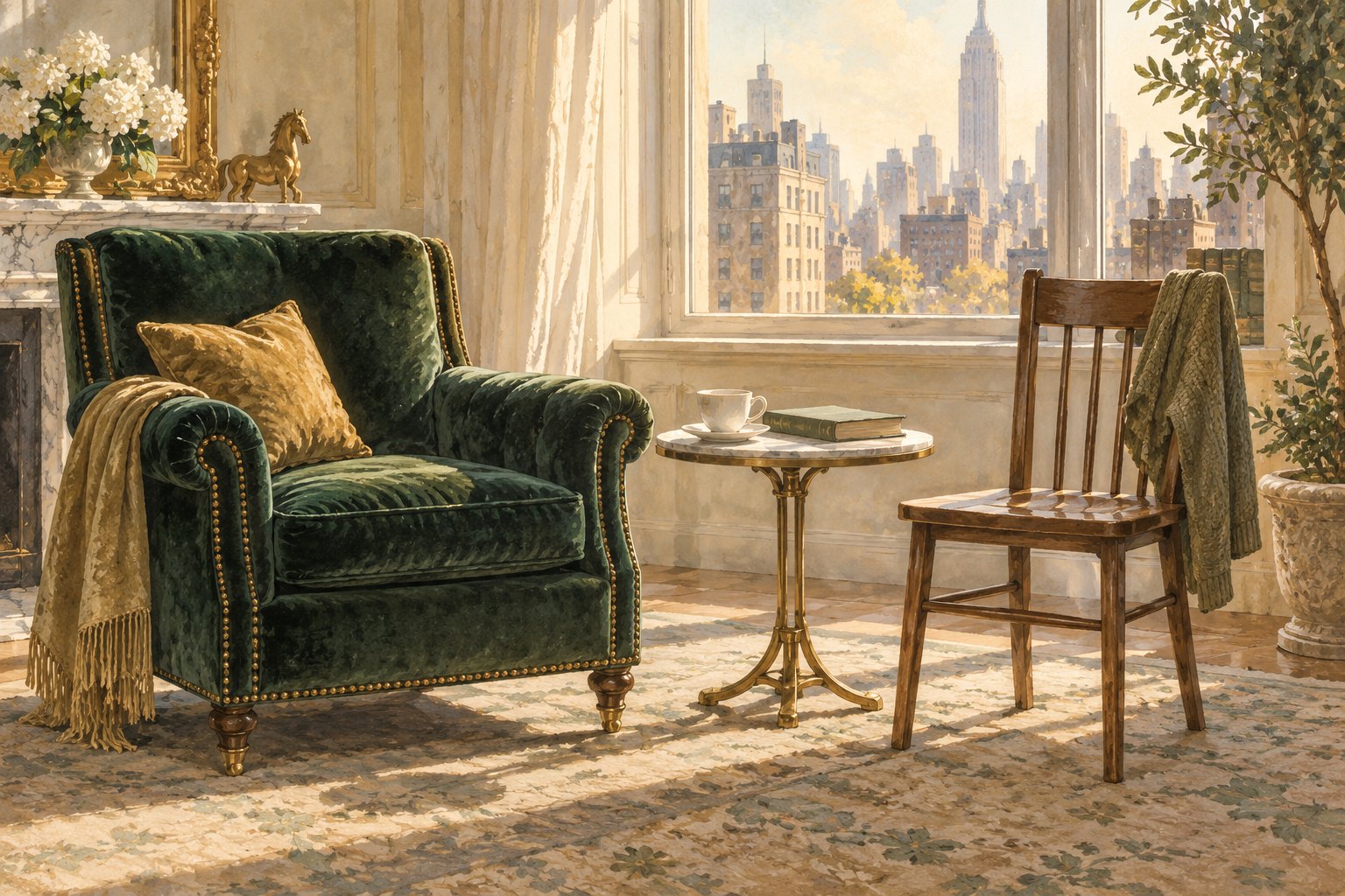 A velvet armchair and a simple wooden chair face a small table with a teacup and book in a sunlit Manhattan apartment.