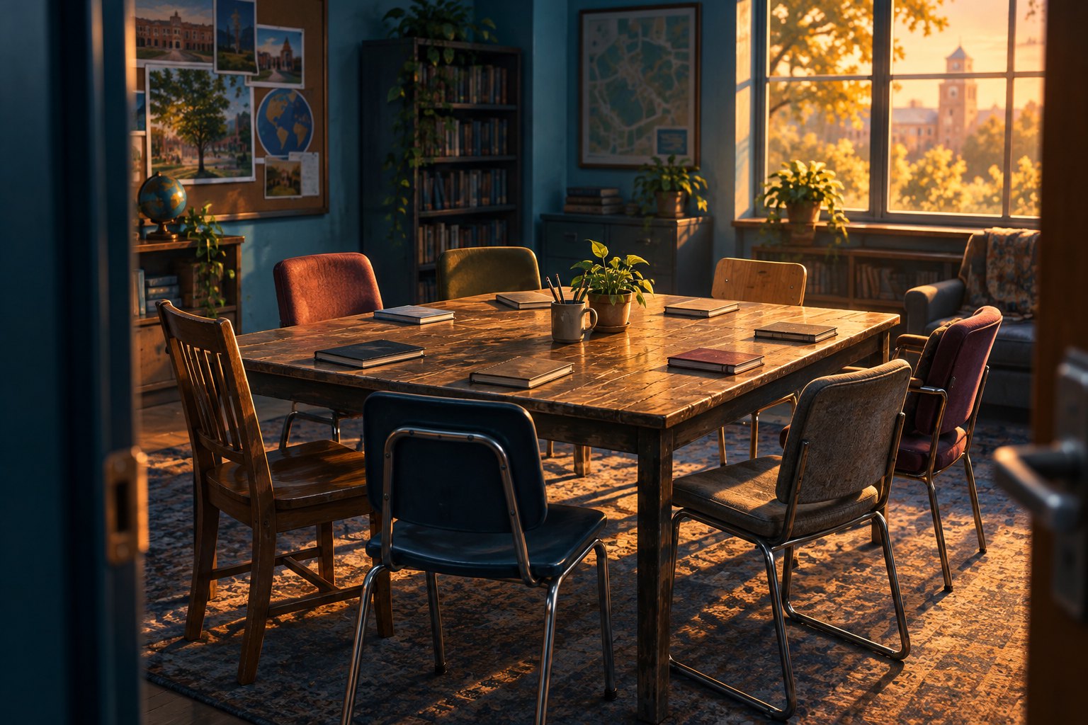 Illustration of mismatched chairs around a college study table in warm afternoon sunlight.