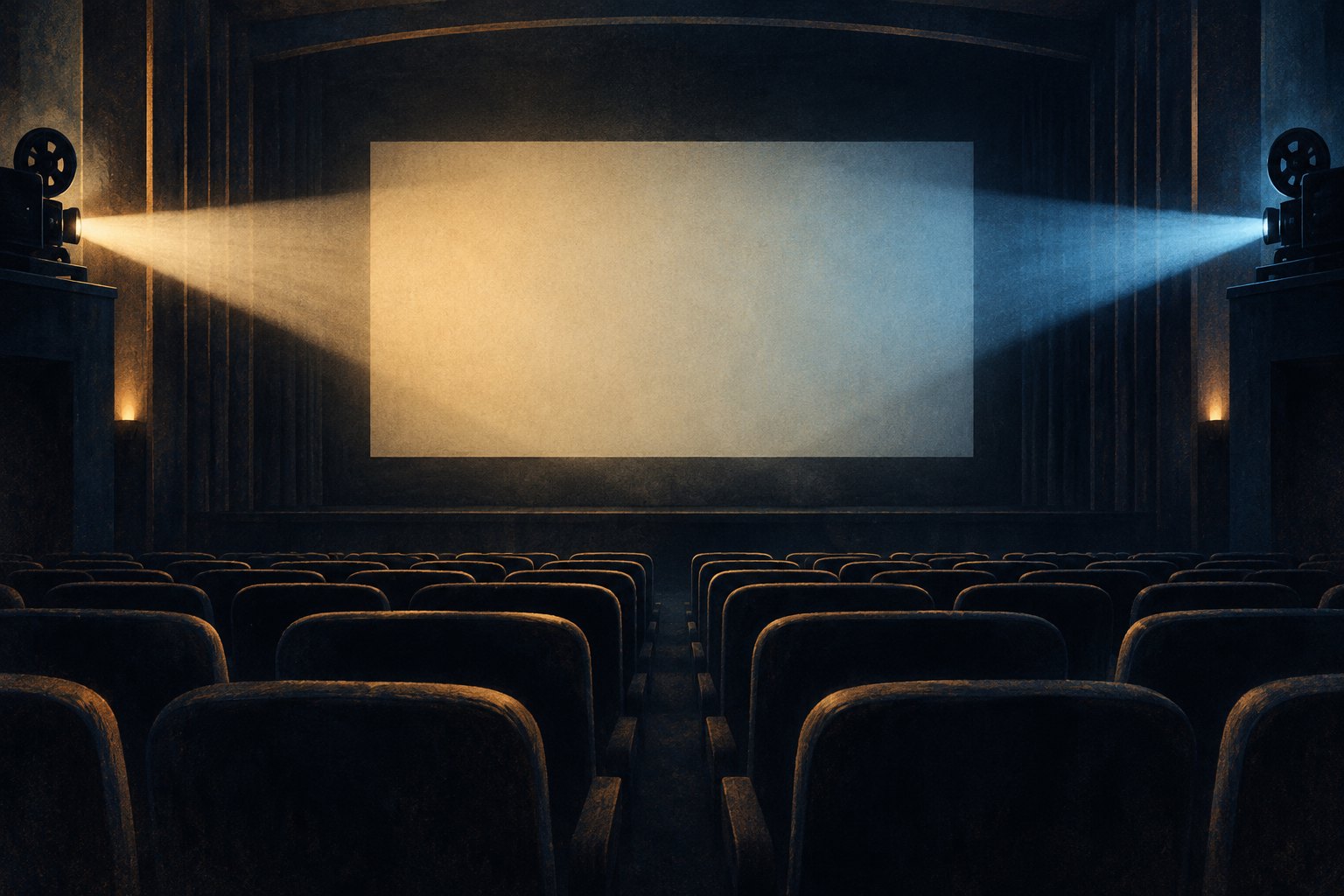 Conceptual illustration of warm and cool projector beams illuminating a blank screen above empty cinema seats.