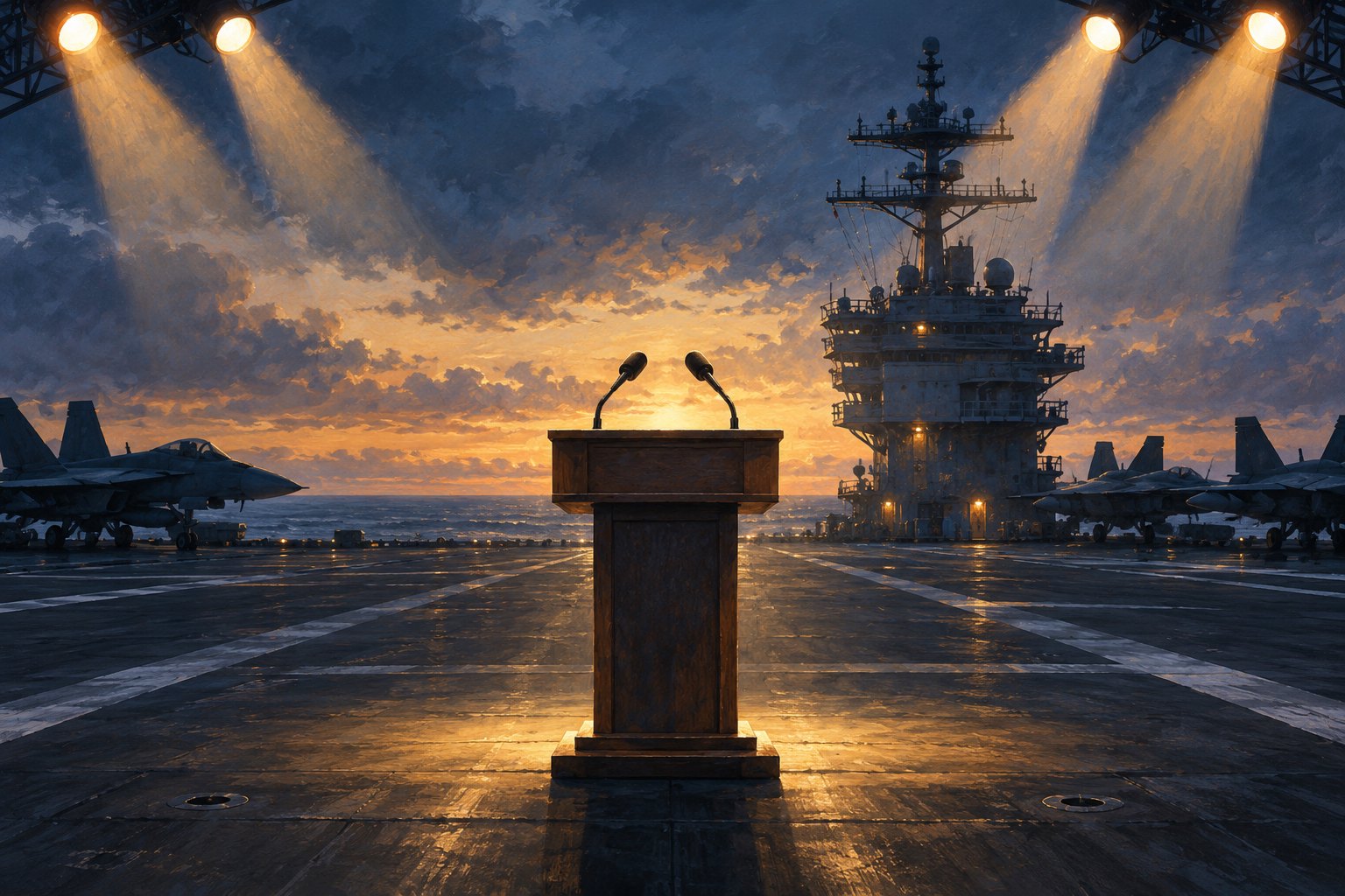 Conceptual illustration of an empty lectern on an aircraft carrier deck beneath theatrical spotlights at sunset.
