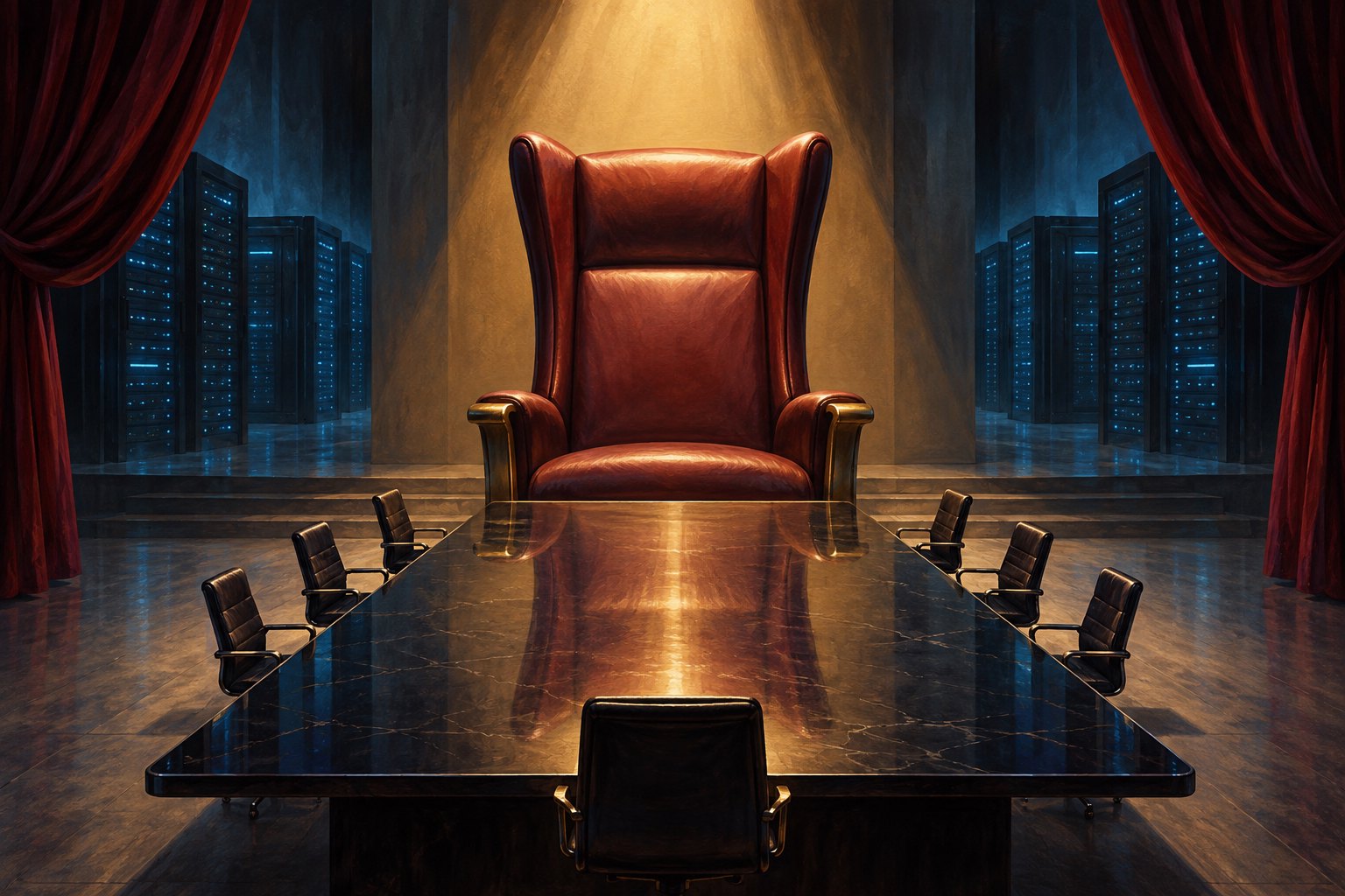 Conceptual illustration of an oversized executive chair above a conference table, framed by red curtains and blue-lit server cabinets.