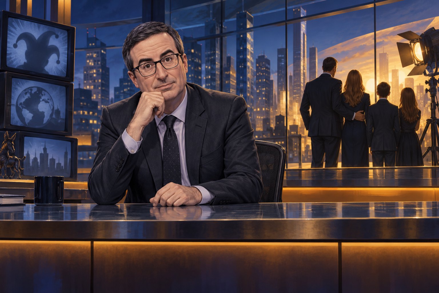 Editorial illustration of John Oliver seated at a television desk with glass office architecture behind him.