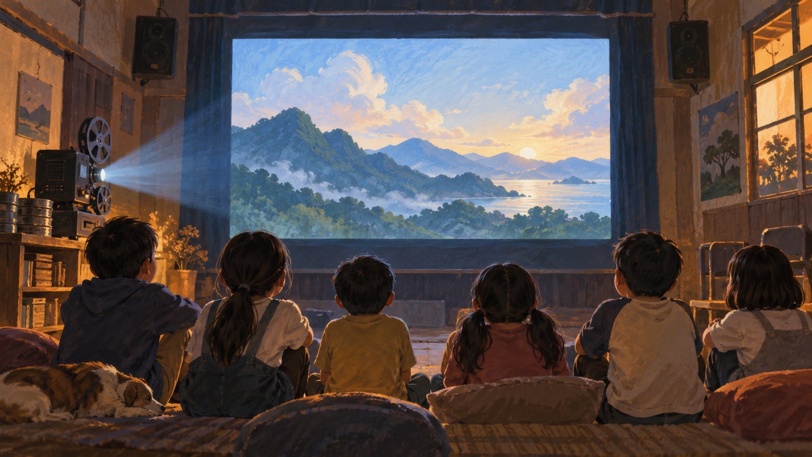 孩子們在柔和投影光中欣賞銀幕上的山景，呈現共同觀影氛圍的情境插畫，非活動實景