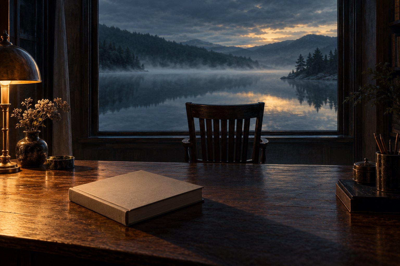 Symbolic illustration of a blank book on a lamplit desk beside an empty chair overlooking a misty lake.