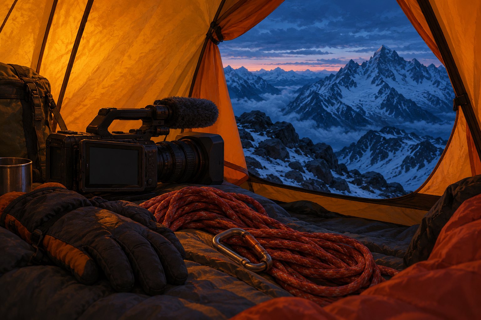 Editorial illustration of a video camera, gloves, and climbing rope inside an amber tent overlooking snowy mountains.