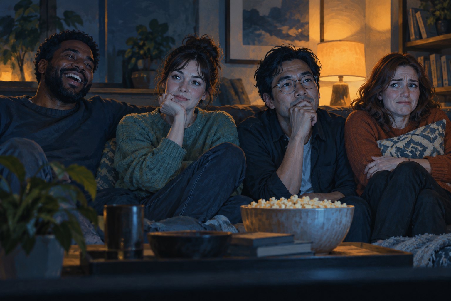 Editorial illustration of four adults watching television together with amused, thoughtful, and uncomfortable expressions.