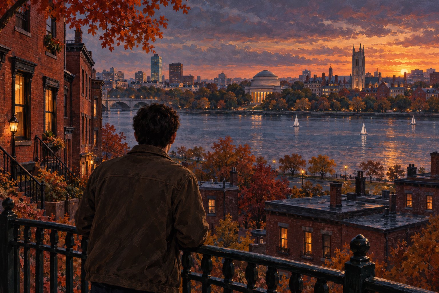 Painterly illustration of a young man overlooking the Charles River, with brick homes nearby and academic buildings across the water.