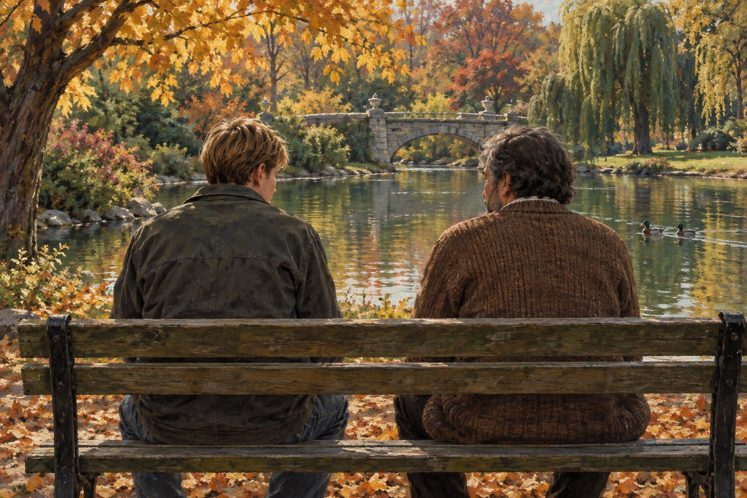 Painterly illustration of two men talking on a wooden bench beside an autumn pond in a Boston public garden.