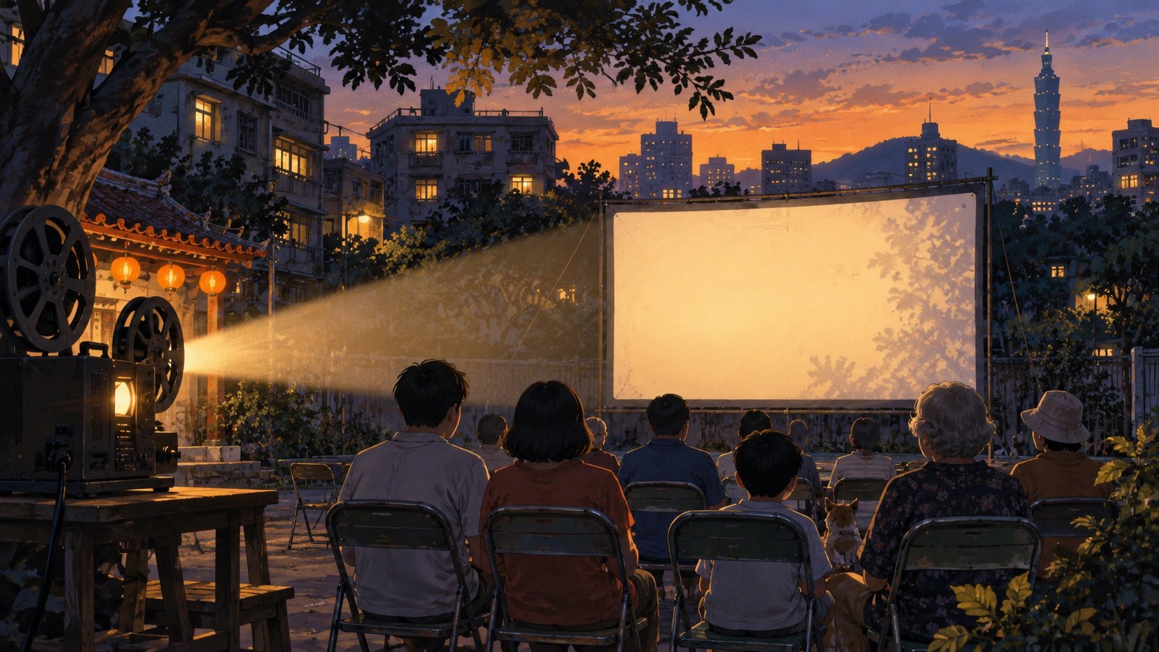 概念插畫:暮色中的社區戶外放映,居民背對觀者坐在空白銀幕前,並非事件現場