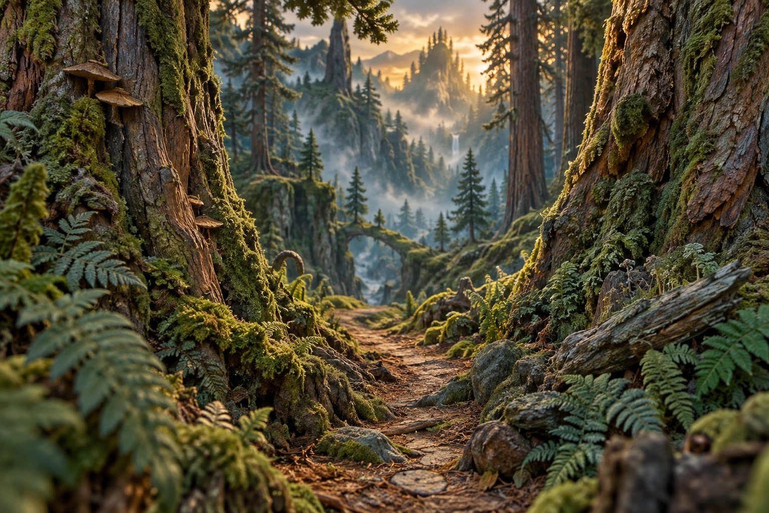 Concept illustration of a winding path between moss-covered trees, with golden light illuminating a misty forest.