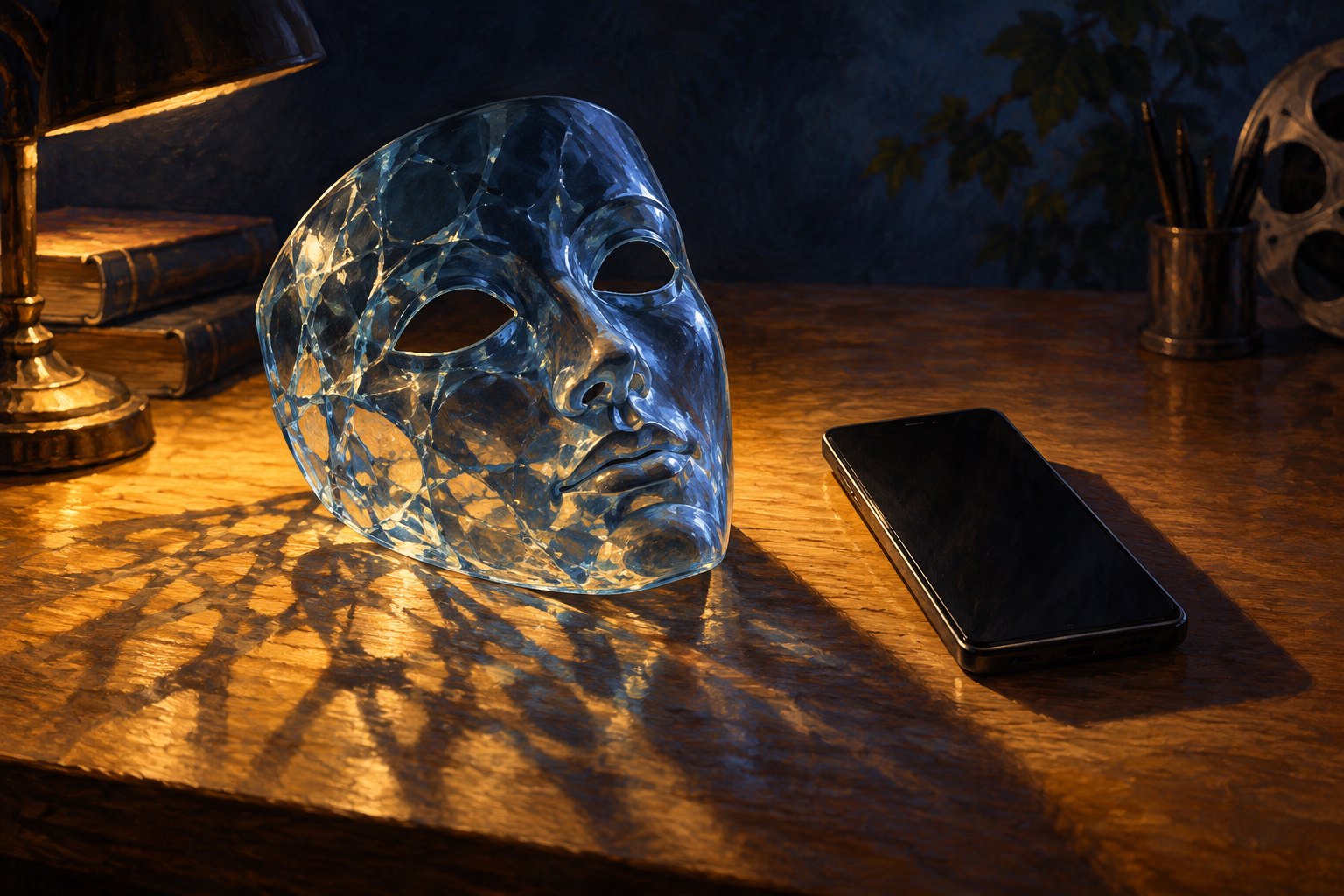Conceptual illustration of a blue glass theatrical mask beside a dark smartphone on a warmly lit wooden desk.