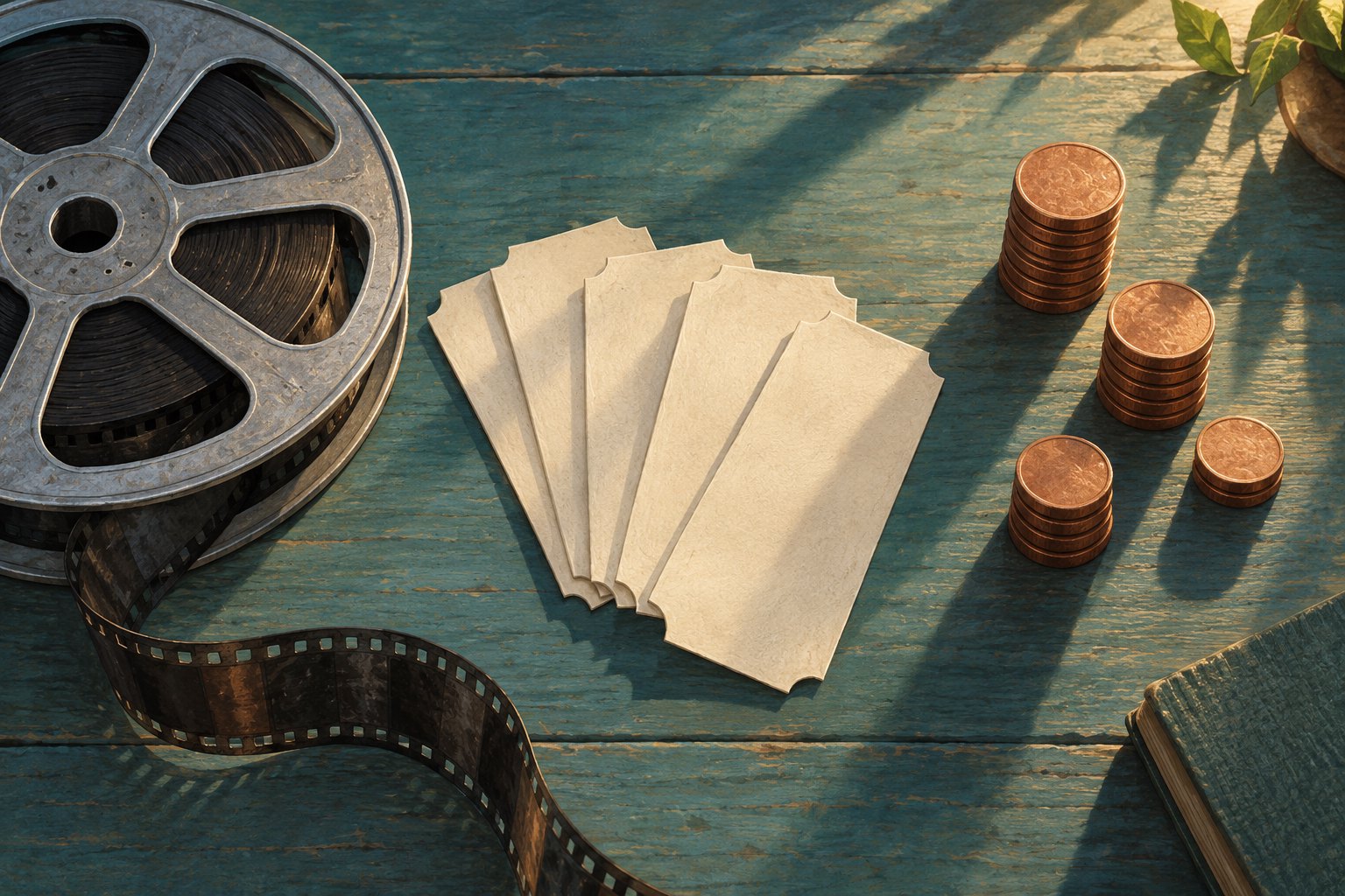 Conceptual illustration of a film reel, blank admission tickets, and unequal stacks of copper disks on a teal desk.