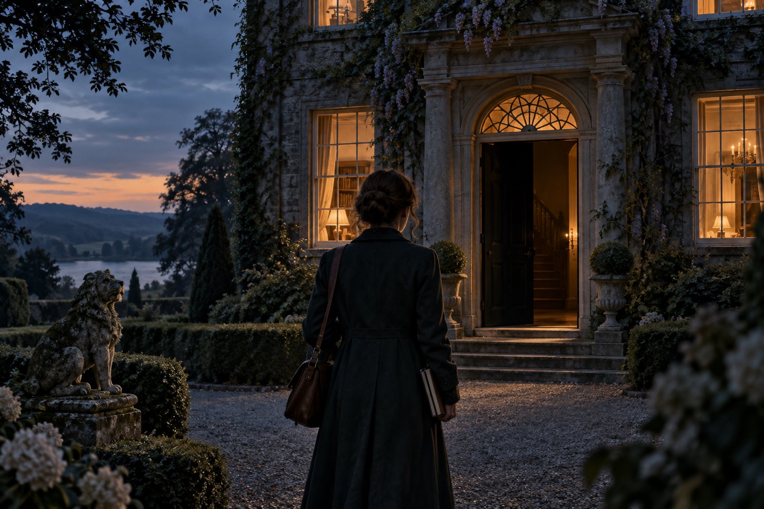 An original gothic illustration of a woman approaching a warmly lit country house at dusk.
