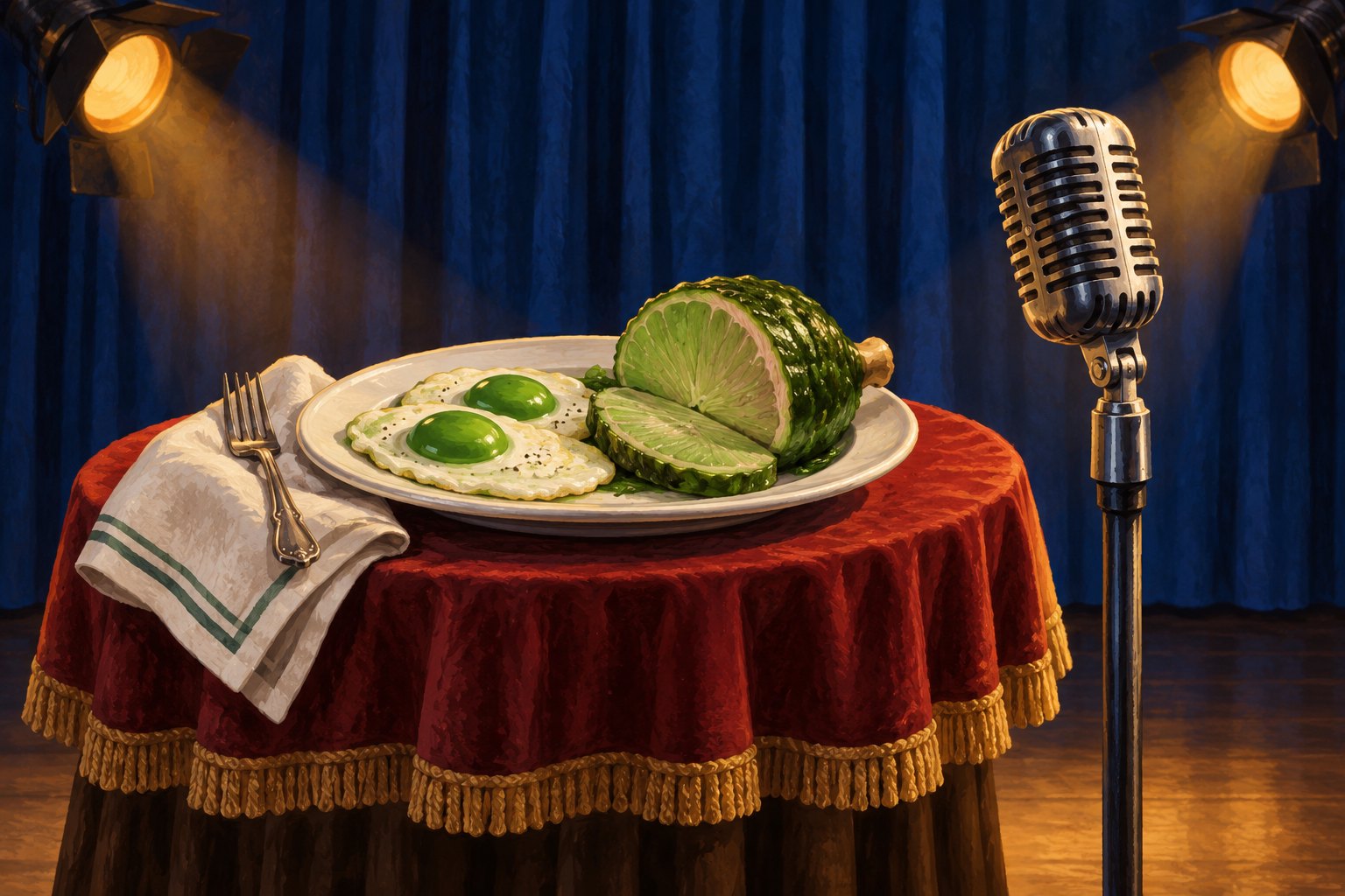 Conceptual illustration of green eggs and ham beside a vintage microphone under warm stage lights.
