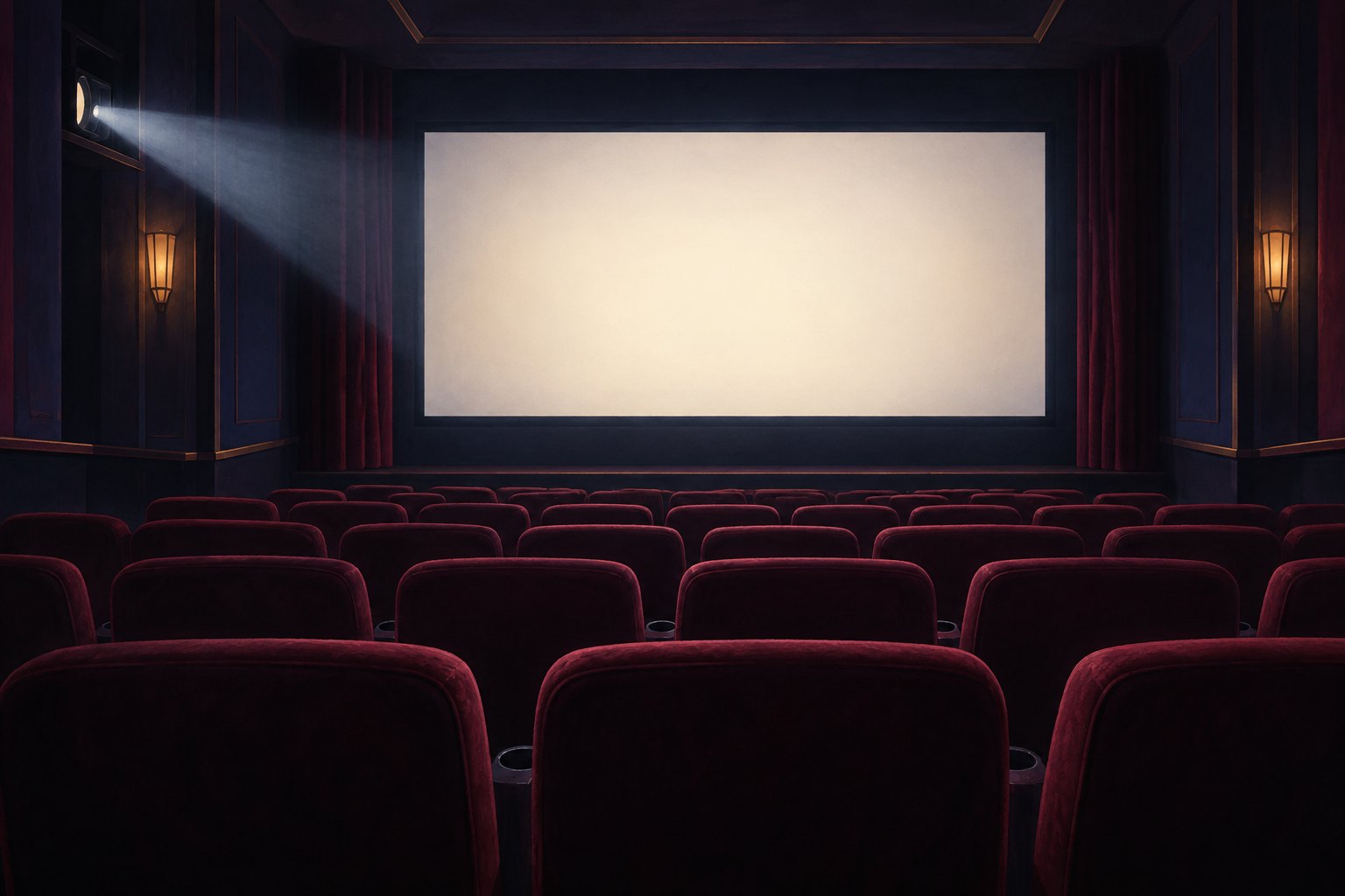 Conceptual illustration of an empty movie theater with burgundy seats, a blank illuminated screen, and a projector beam.