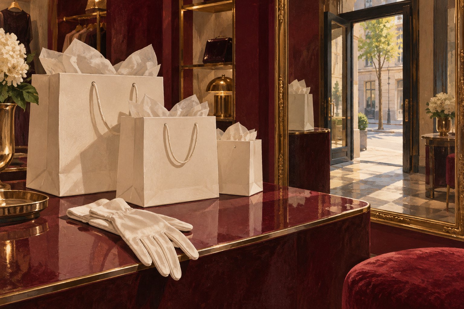 Painterly illustration of unbranded ivory shopping bags and white gloves on a burgundy boutique counter beside a mirror reflecting a sunlit doorway.