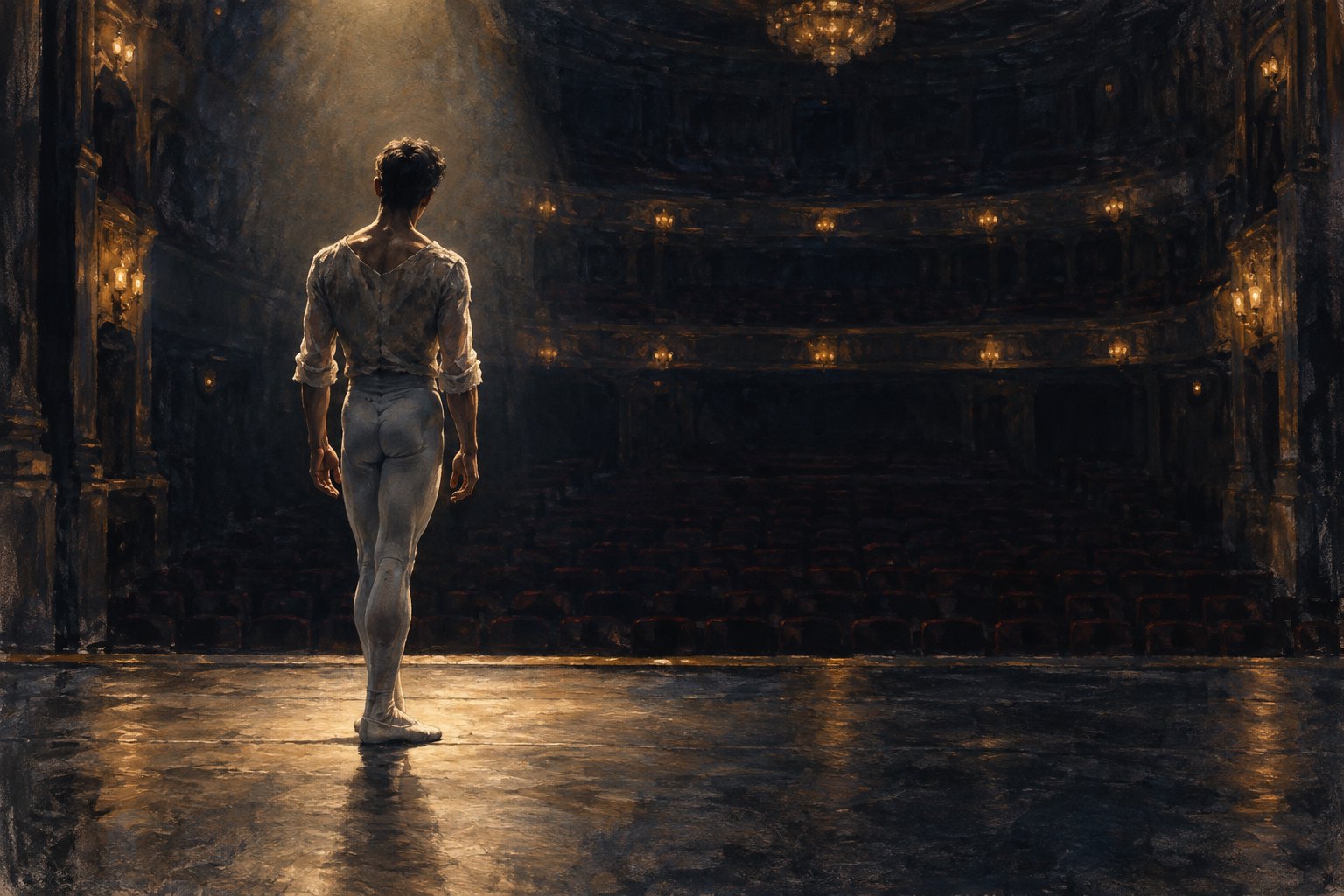 Painterly illustration of an anonymous male ballet dancer seen from behind on a dim stage beneath warm overhead light.