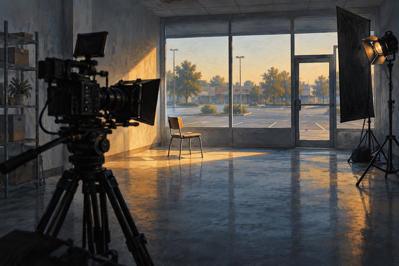 Conceptual illustration of a cinema camera facing an empty chair inside a vacant storefront lit by warm window light.